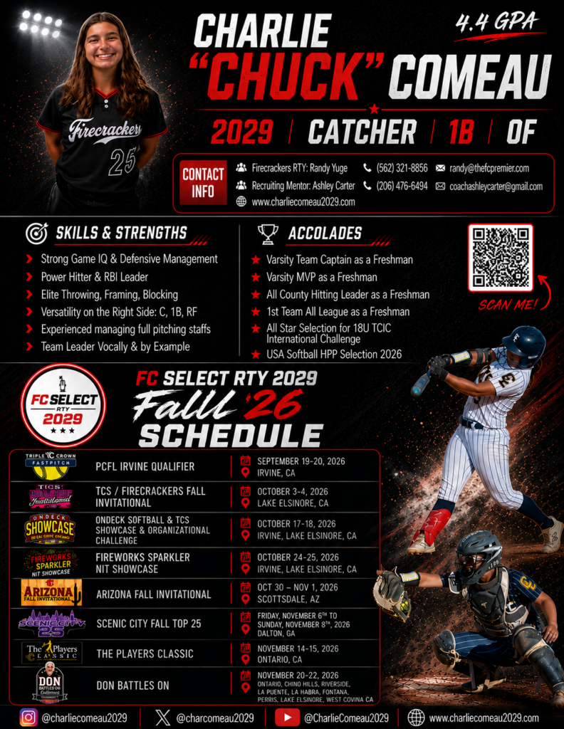 Top 2029 softball player Charlie "Chuck" Comeau's recruiting profile sheet.